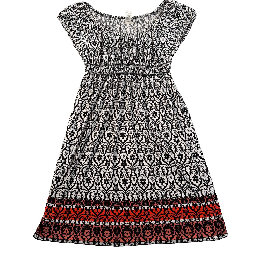 Sophie Max Cap Sleeve Fit and Flare Dress Womens Medium Black/White Print Ruffle